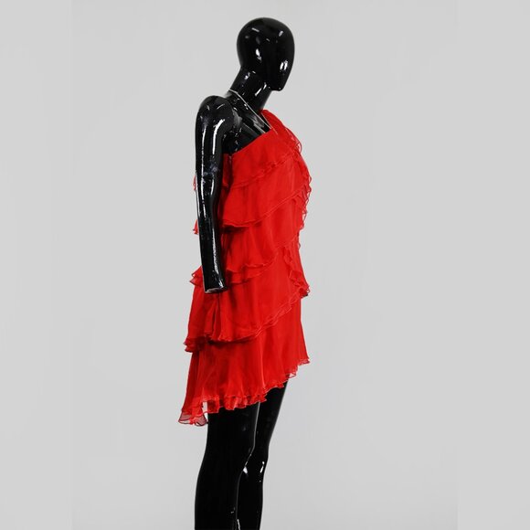 Red Tiered Ruffle Mini Dress One-Shoulder Party Look - Picture 3 of 6